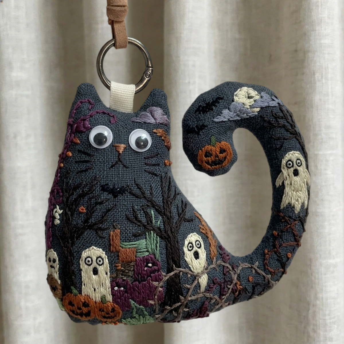 Rubbyoo Cat Embroidery Kit - Ghost And Pumpkin | Cute Gift For Her | Creepy Ornament For Backpack - 6 inches hoop kit - image 1