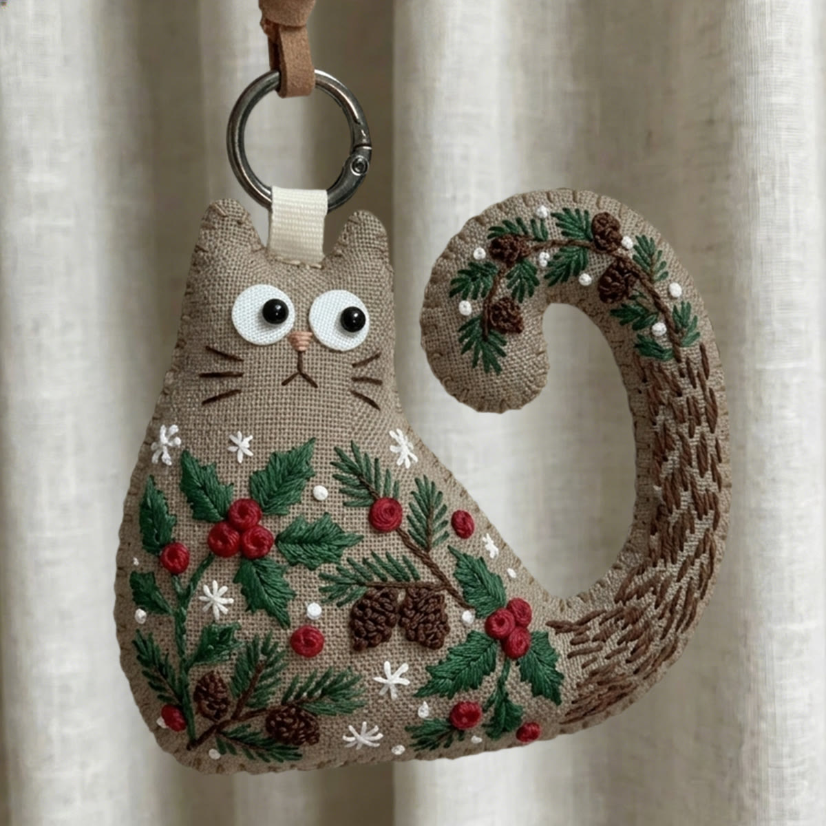 Rubbyoo Cat Embroidery Kit - Pine Cones And Needle | Gift For Nature Lovers | Cottagecore Hanging Accessory - 6 inches hoop kit - image 1