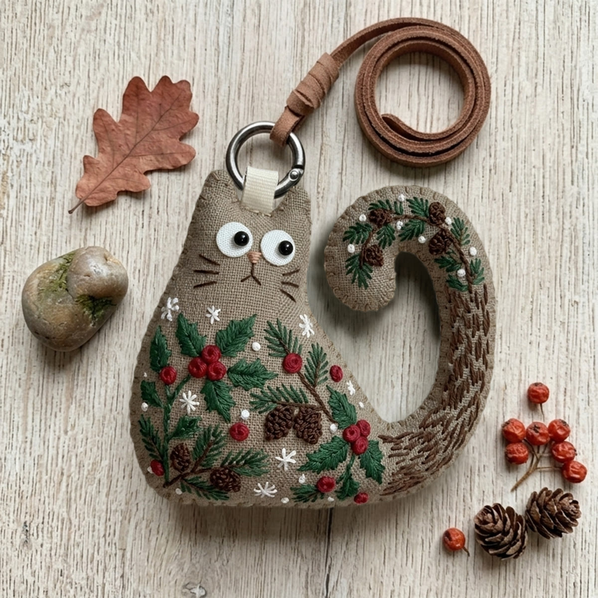 Rubbyoo Cat Embroidery Kit - Pine Cones And Needle | Gift For Nature Lovers | Cottagecore Hanging Accessory - image 2