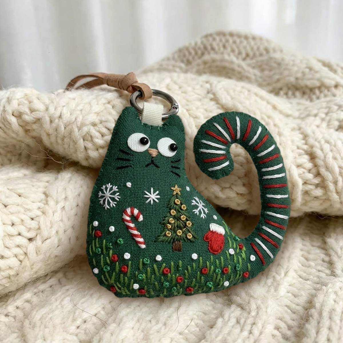 Rubbyoo Cat Embroidery Kit - Christmas Tree And Candy Cane | Holiday Gift For Children | Cozy Backpack Accessory - image 2