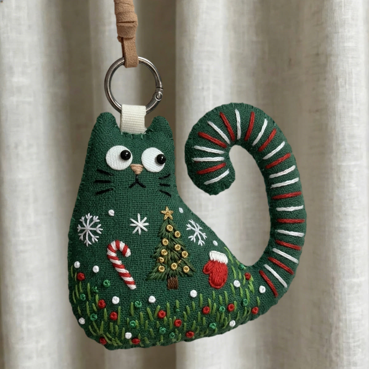 Rubbyoo Cat Embroidery Kit - Christmas Tree And Candy Cane | Holiday Gift For Children | Cozy Backpack Accessory - 6 inches hoop kit - image 1