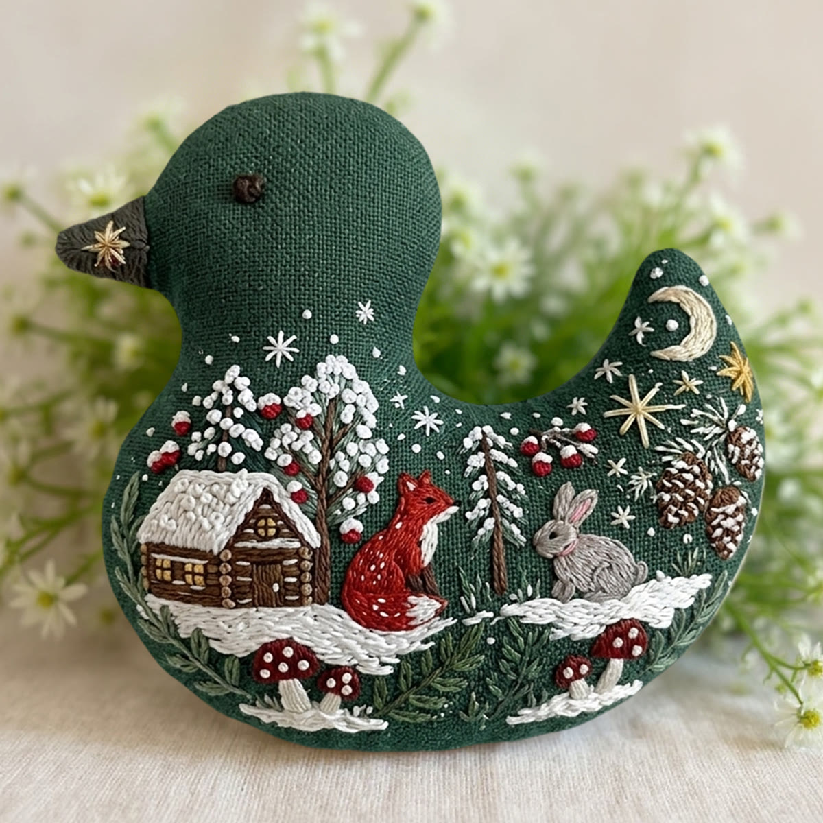 Rubbyoo Duck Embroidery Kit - Woodland Scene With Fox And Rabbit | Unique Handmade Gift | Cottagecore Bag Charm - 6 inches hoop kit - image 1