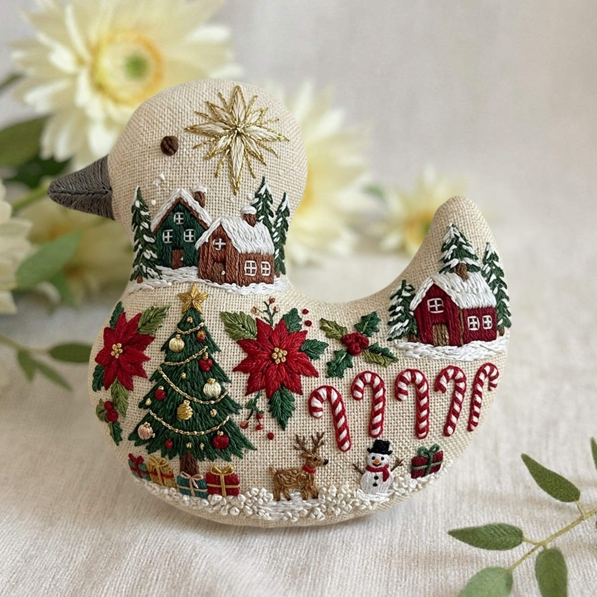 Rubbyoo Duck Embroidery Kit - Poinsettia And Christmas Tree | Personalized Holiday Keepsake | Farmhouse Style Ornament - image 2