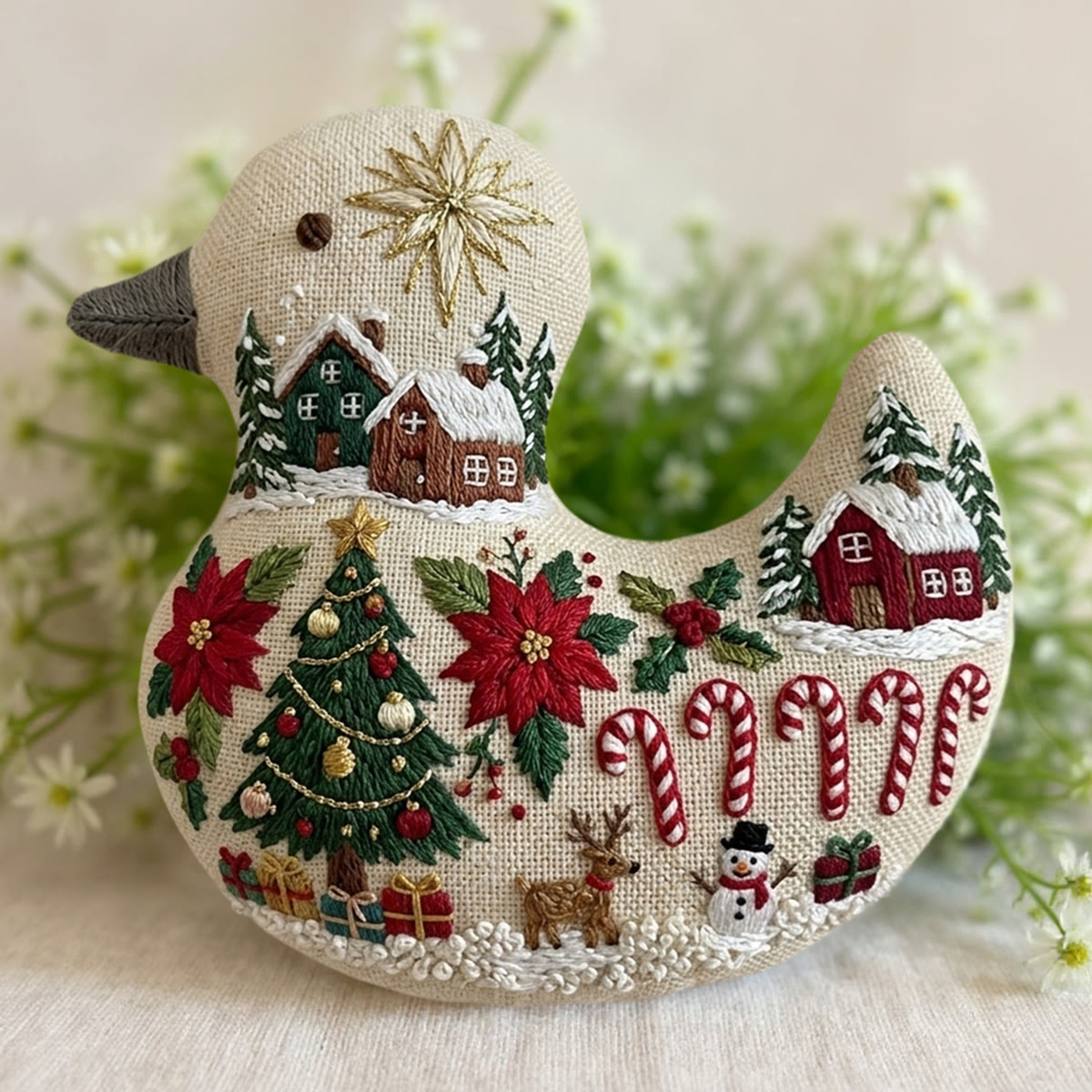 Rubbyoo Duck Embroidery Kit - Poinsettia And Christmas Tree | Personalized Holiday Keepsake | Farmhouse Style Ornament - 6 inches hoop kit - image 1