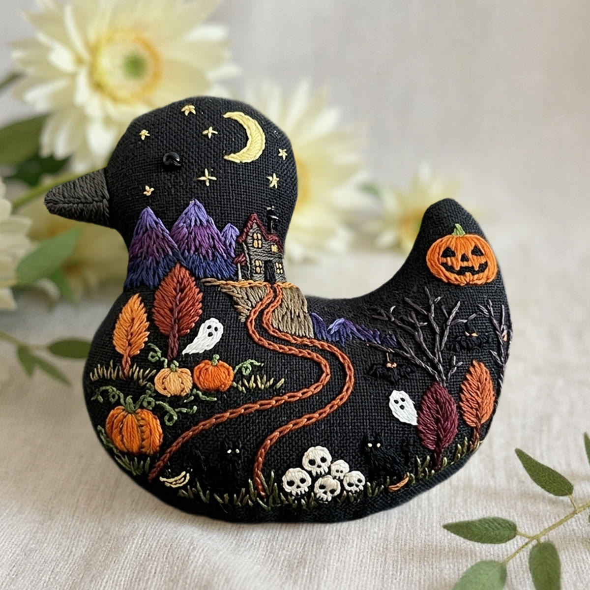 Rubbyoo Duck Embroidery Kit - Spooky Haunted House And Pumpkin Scene | Witchy Gift Ideas | Gothic Bag Charm - image 2