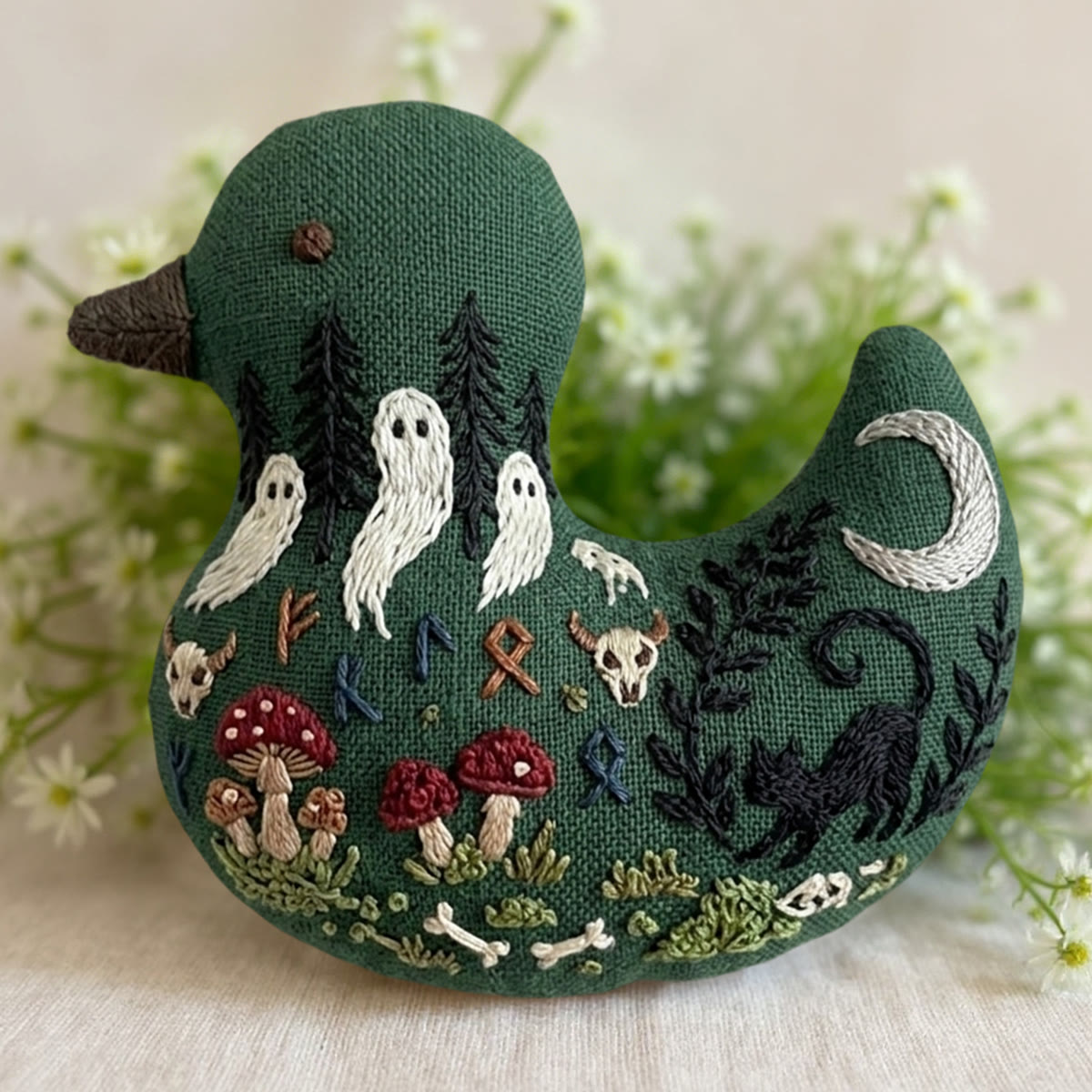 Rubbyoo Duck Embroidery Kit - Nordic Rune And Animal Skull  | Unique Gift | Witchy Altar Decor - 6 inches hoop kit - image 1
