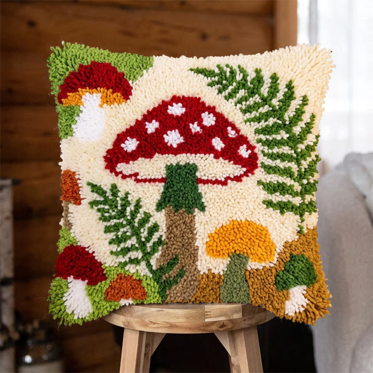 Rubbyoo Latch Hook Pillow Kit - Whimsical Mushroom | Decorative Pillow Craft | Unique Botanical Cushion - 43*43cm - image 1