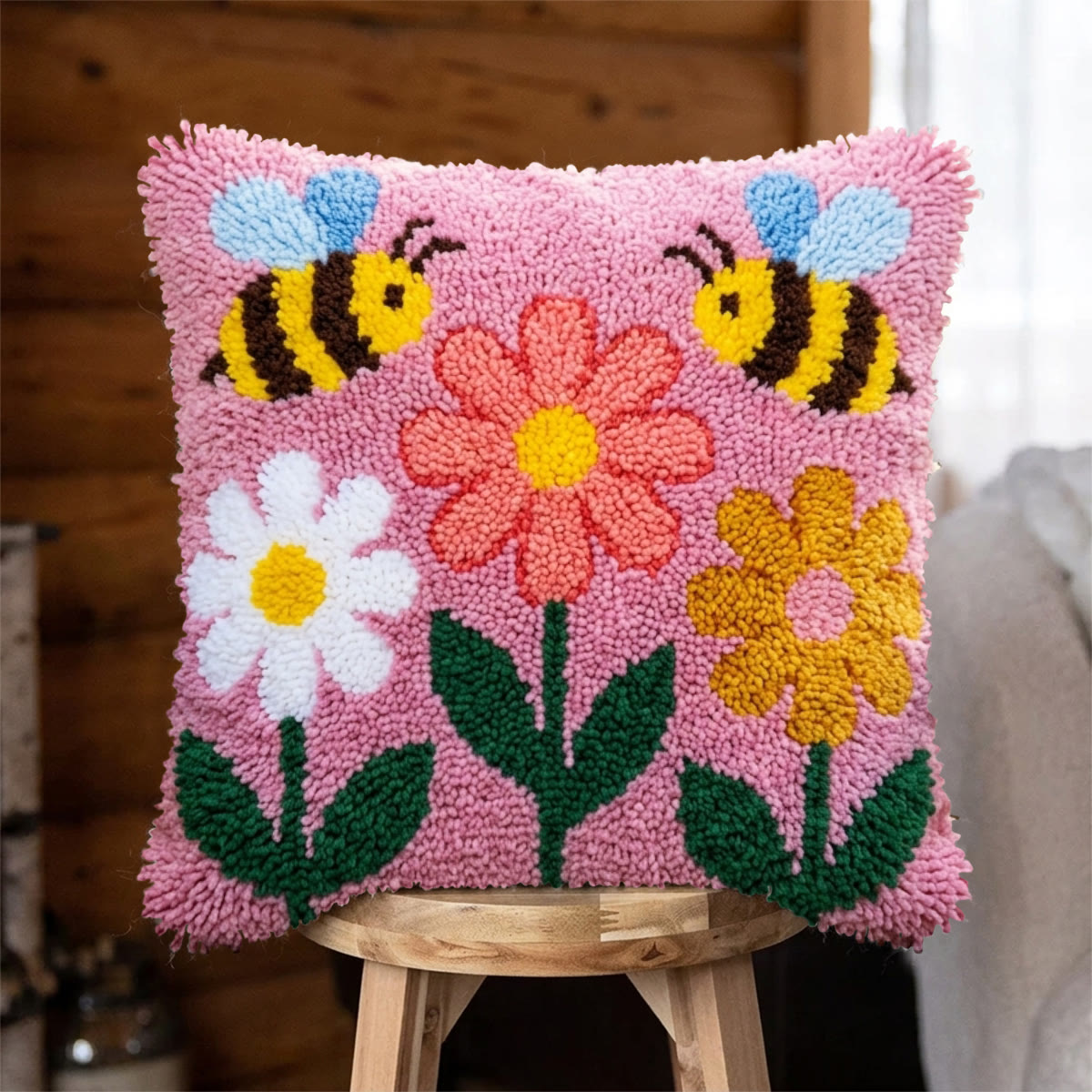 Rubbyoo Latch Hook Pillow Kit - Bee And Flower | Floral Handmade Art | Special Decoration Gift  - 43*43cm - image 1