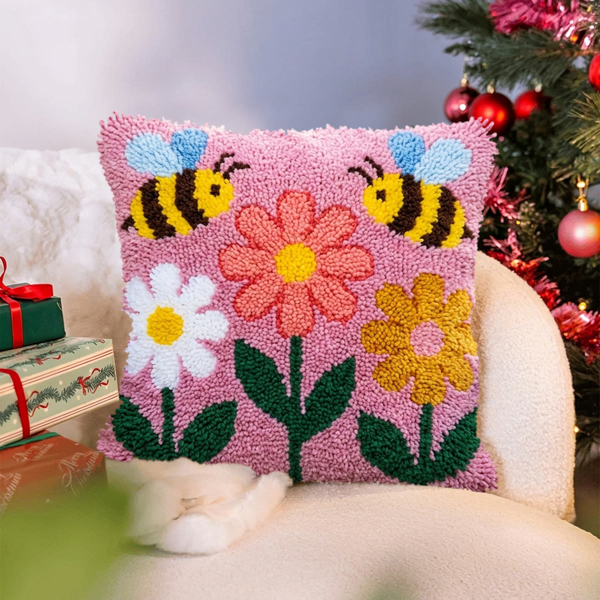 Rubbyoo Latch Hook Pillow Kit - Bee And Flower | Floral Handmade Art | Special Decoration Gift  - image 2
