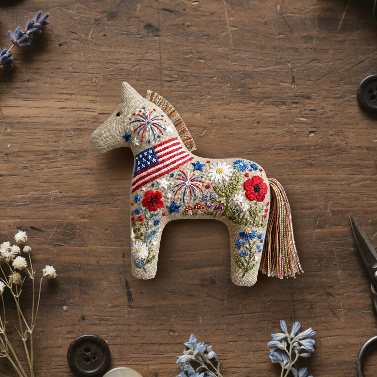 Rubbyoo Dala Horse Embroidery Kit - American Style Firework And Flowers | Excellent Gift Choice | Bright-colored‌ Home Ornament - image 1