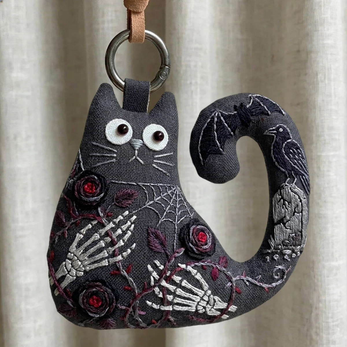 Rubbyoo Cat Embroidery Kit - Skeleton Floral Design | Handmade Gothic Gift | Artisan Gothic Decor - 6 inches hoop kit - image 1