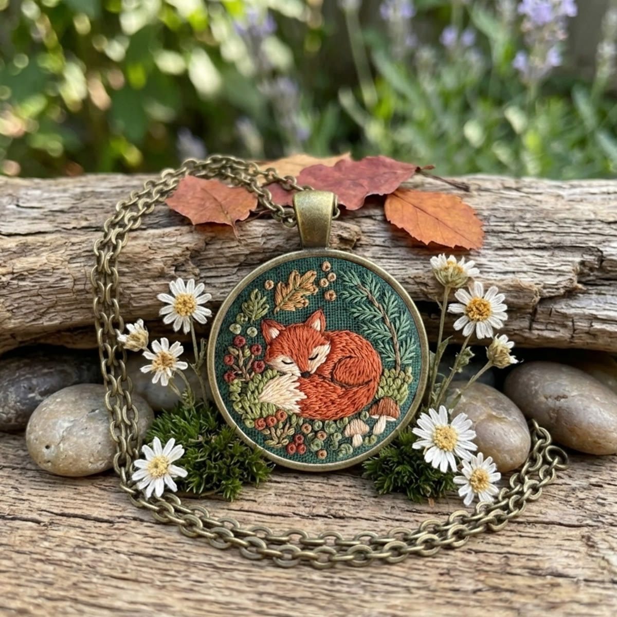 Rubbyoo Embroidery Accessories Kit - Sleeping Red Fox | Sympathy Gift | Slow Fashion Accessory - Necklace - 2pcs - image 1