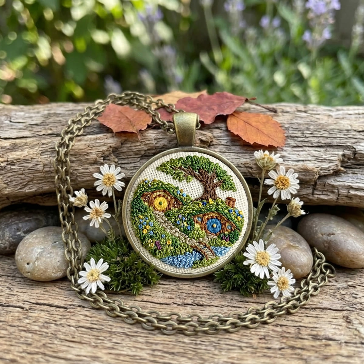 Rubbyoo Embroidery Accessories Kit - Hobbit Hole | Unique Anniversary Necklace Gift | Fairy Garden Cottage Pendant - Necklace - 2pcs - image 1