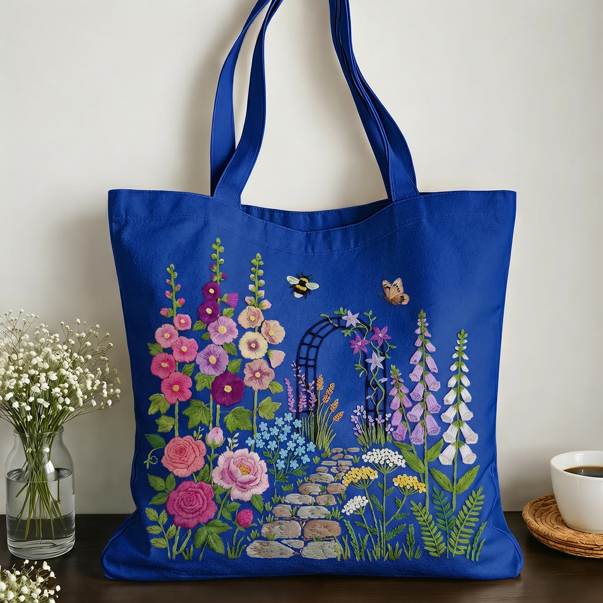 Rubbyoo Embroidery Tote Bag Kit - Blooming Graden | Aesthetic Handmade Craft | Multi-colored Shoulder Bag  - 9.8" × 11.8" - Royal Blue - image 1