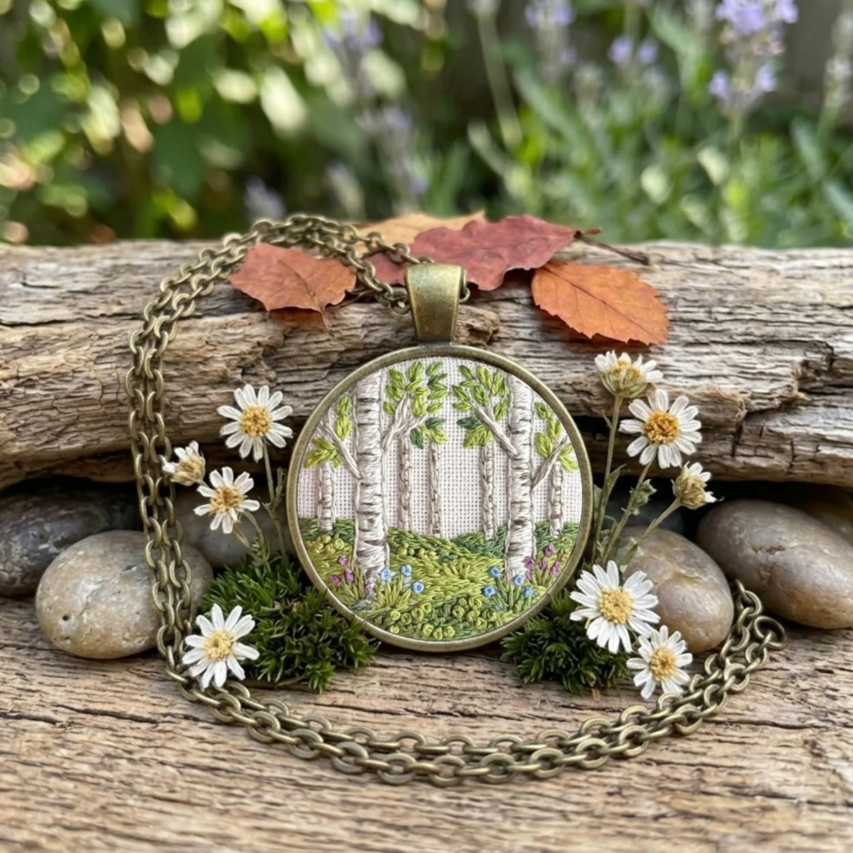 Rubbyoo Embroidery Accessories Kit - Birch Forest Scene | Gift For Nature Lover | Layering Accessory - Necklace - 2pcs - image 1