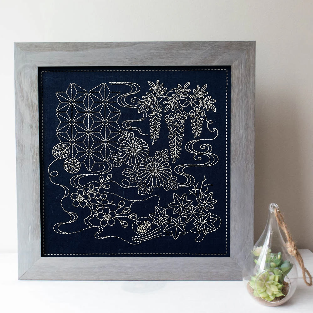 Rubbyoo Sashiko Embroidery Kit -  Classic Botanical Pattern | Perfect For Mindful Stitching   | Stylish Housewarming Present - Embroidery Kit Plus An Extra Frame - image 2