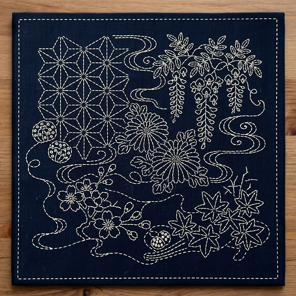 Rubbyoo Sashiko Embroidery Kit -  Classic Botanical Pattern | Perfect For Mindful Stitching   | Stylish Housewarming Present - 20*20cm - image 1