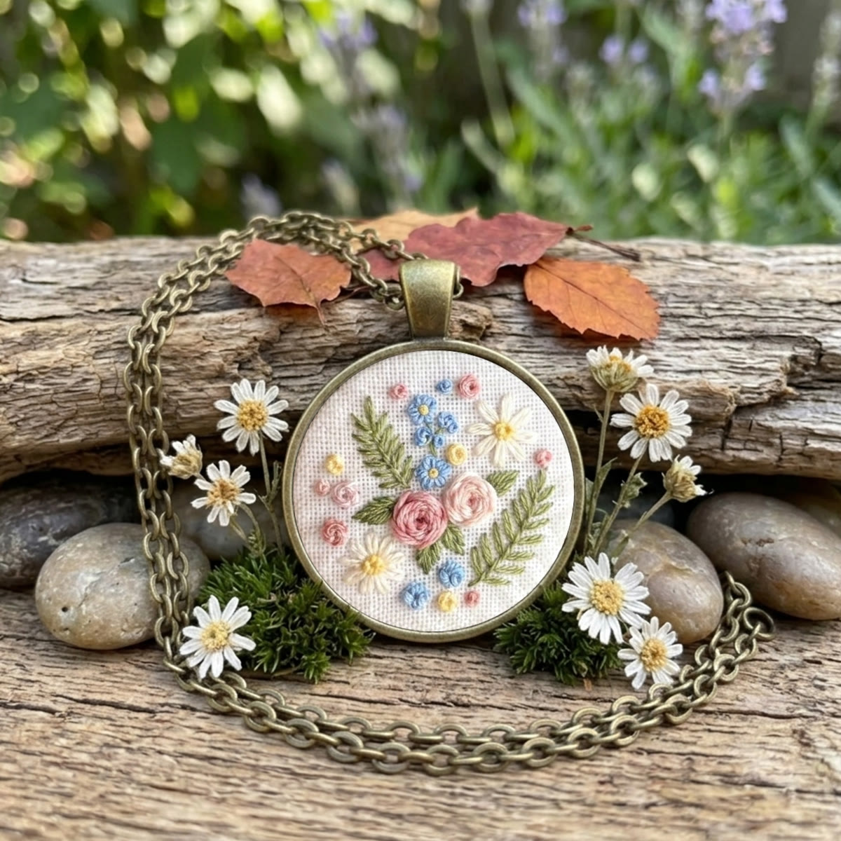 Rubbyoo Embroidery Accessories Kit - Rose And Daisy | Floral Pendant | Miniature Embroidery - Necklace - 2pcs - image 1