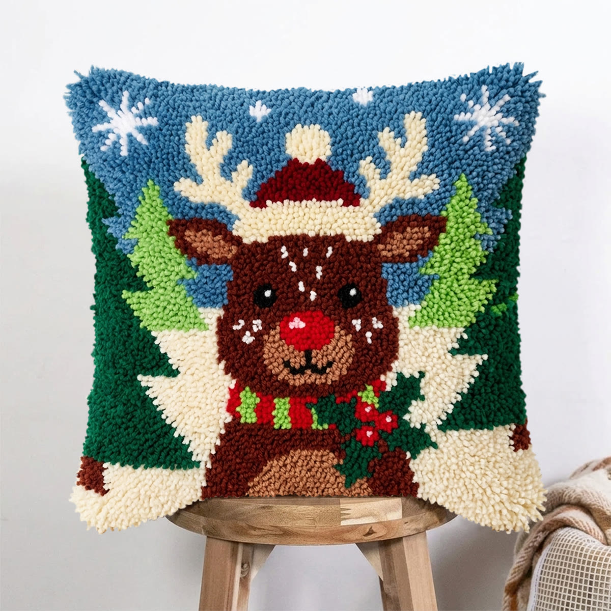 Rubbyoo Latch Hook Pillow Kit - Cute Elk |  Christmas Handmade Ornament | Square Pillow Case  - 43*43cm - image 1
