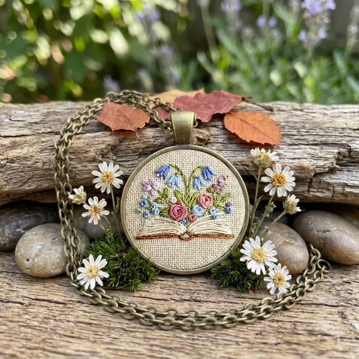 Rubbyoo Embroidery Accessories Kit - Flowers Growing From Book | Spring Summer Sundress Accessories | Fairycore Handmade Keychain - Necklace - 2pcs - image 1