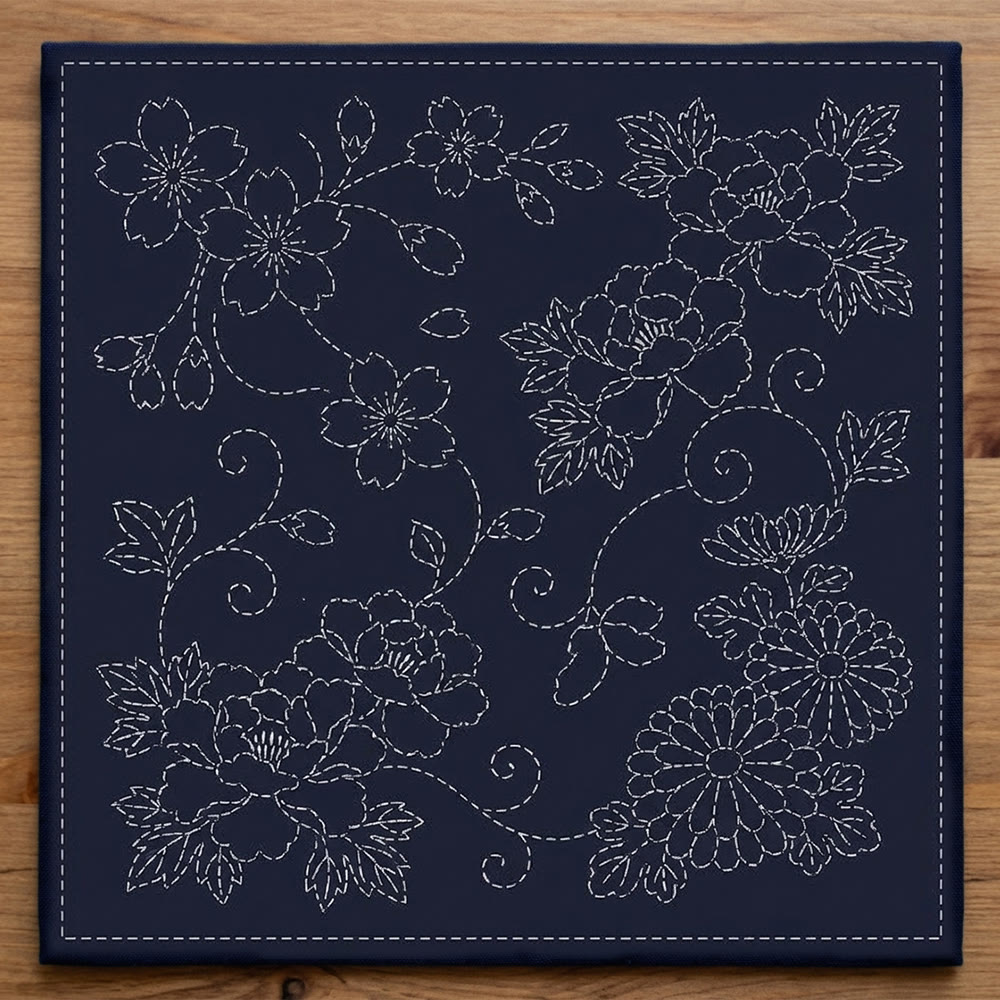 Rubbyoo Sashiko Embroidery Kit -  Floral Vine | Simple Floral Pattern | Spring Vibe Room Ornament - 20*20cm - image 1