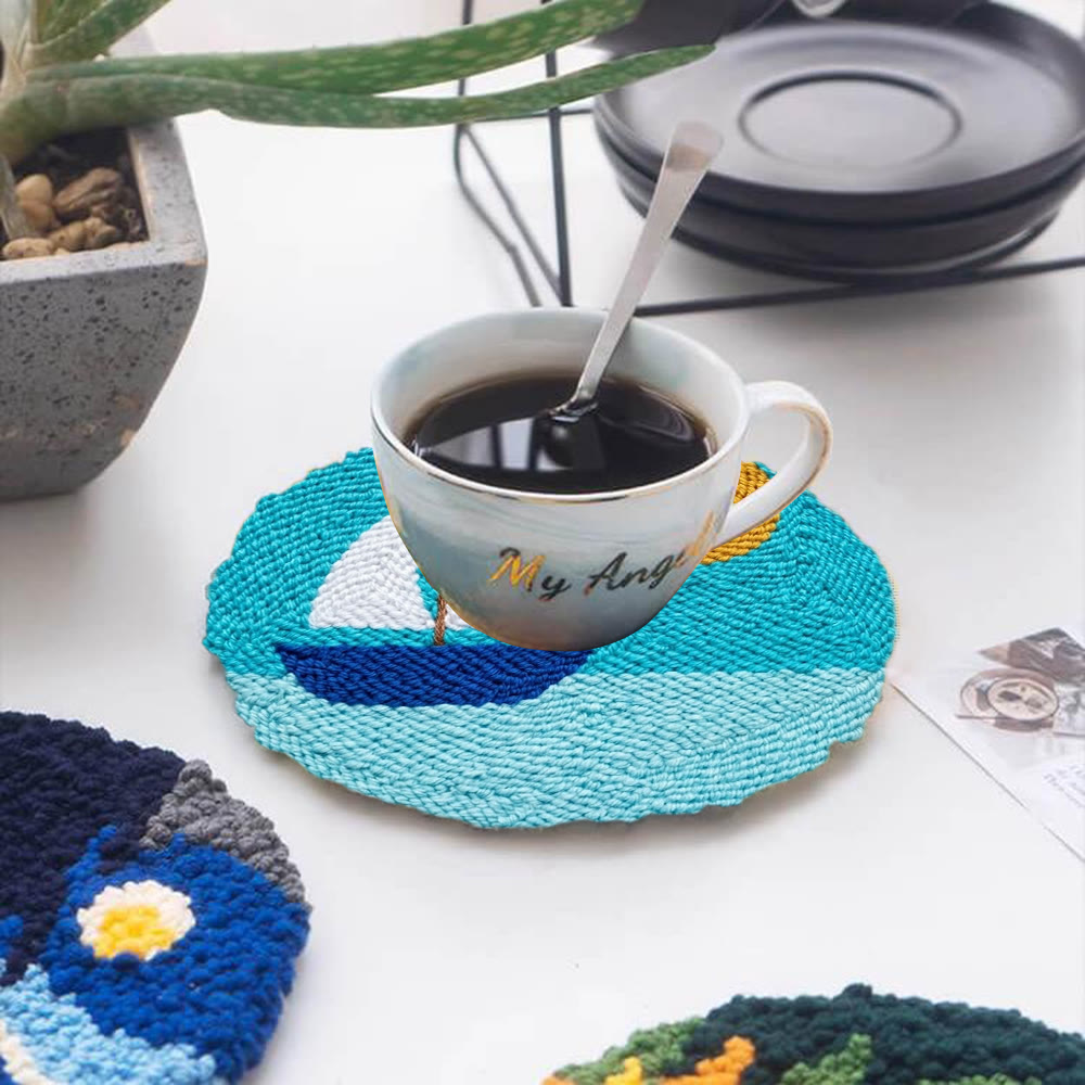 Sailboat And Sea Punch Needle Kit - Pretty Light Color Mode | Unique Handmade Accent - 5 inch Coaster Kit - image 12