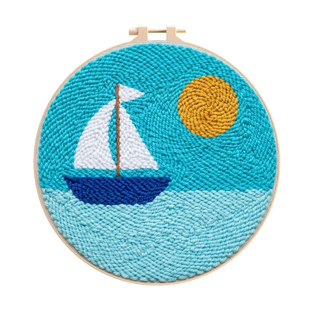 Sailboat And Sea Punch Needle Kit - Pretty Light Color Mode | Unique Handmade Accent - 8 inch Hoop Kit - image 1
