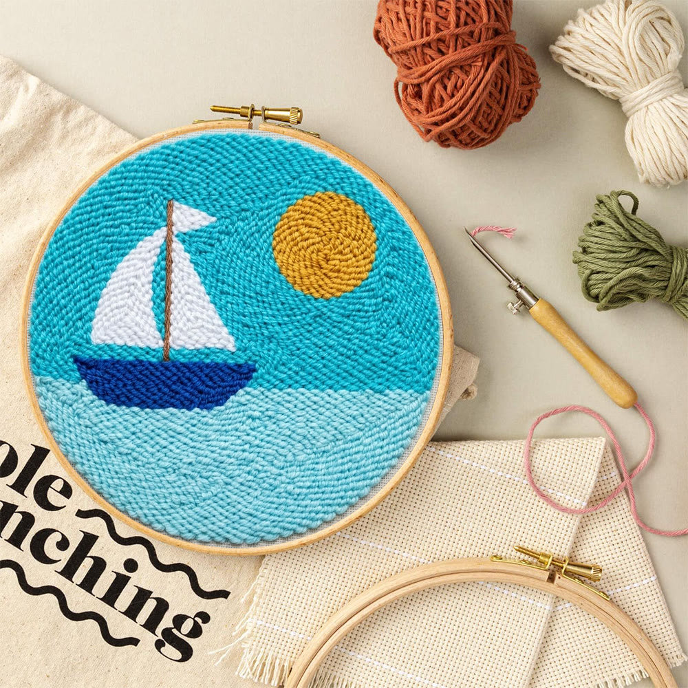 Sailboat And Sea Punch Needle Kit - Pretty Light Color Mode | Unique Handmade Accent - image 4