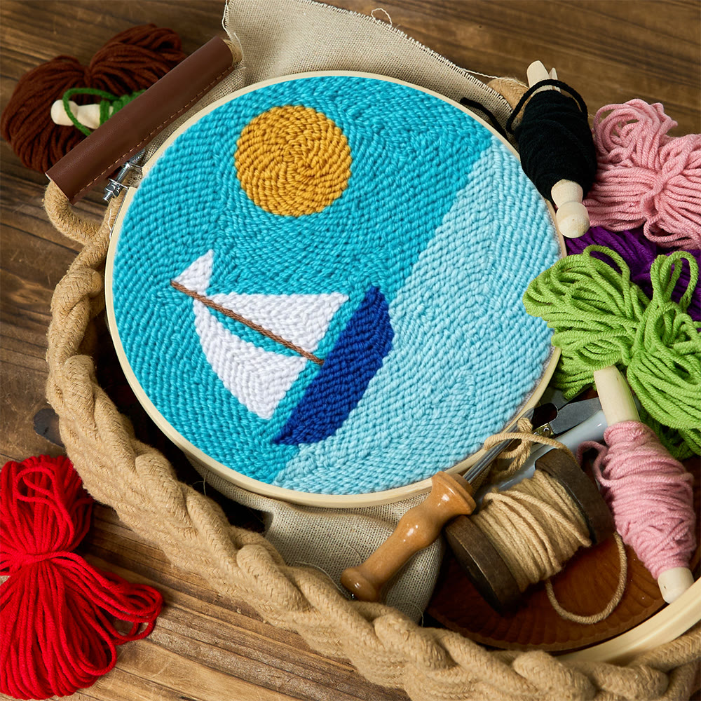 Sailboat And Sea Punch Needle Kit - Pretty Light Color Mode | Unique Handmade Accent - image 2