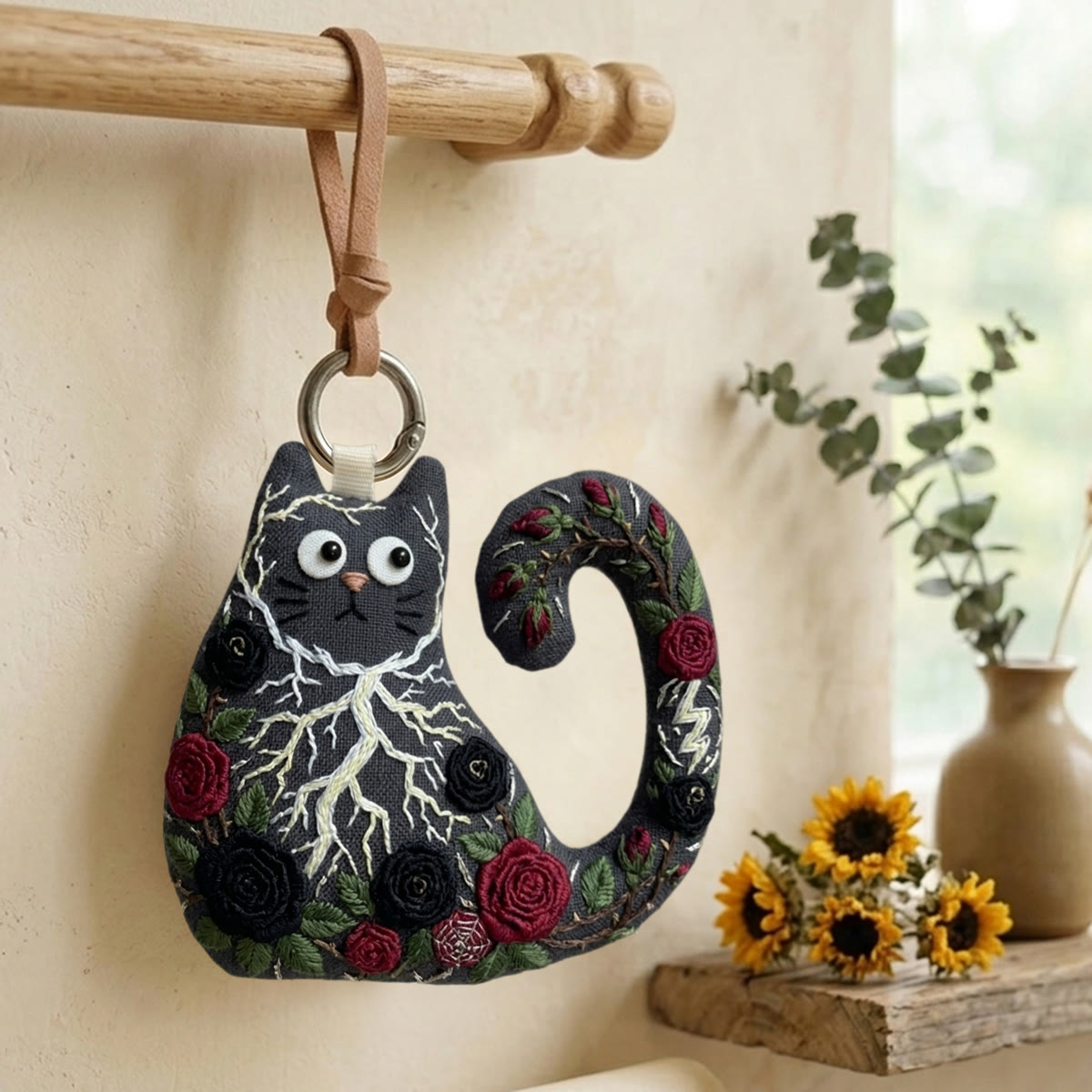 Rubbyoo Cat Embroidery Kit - Dark Red And Black Roses | Stylish Gift For Her | Goth Floral Hanging Ornament - image 2