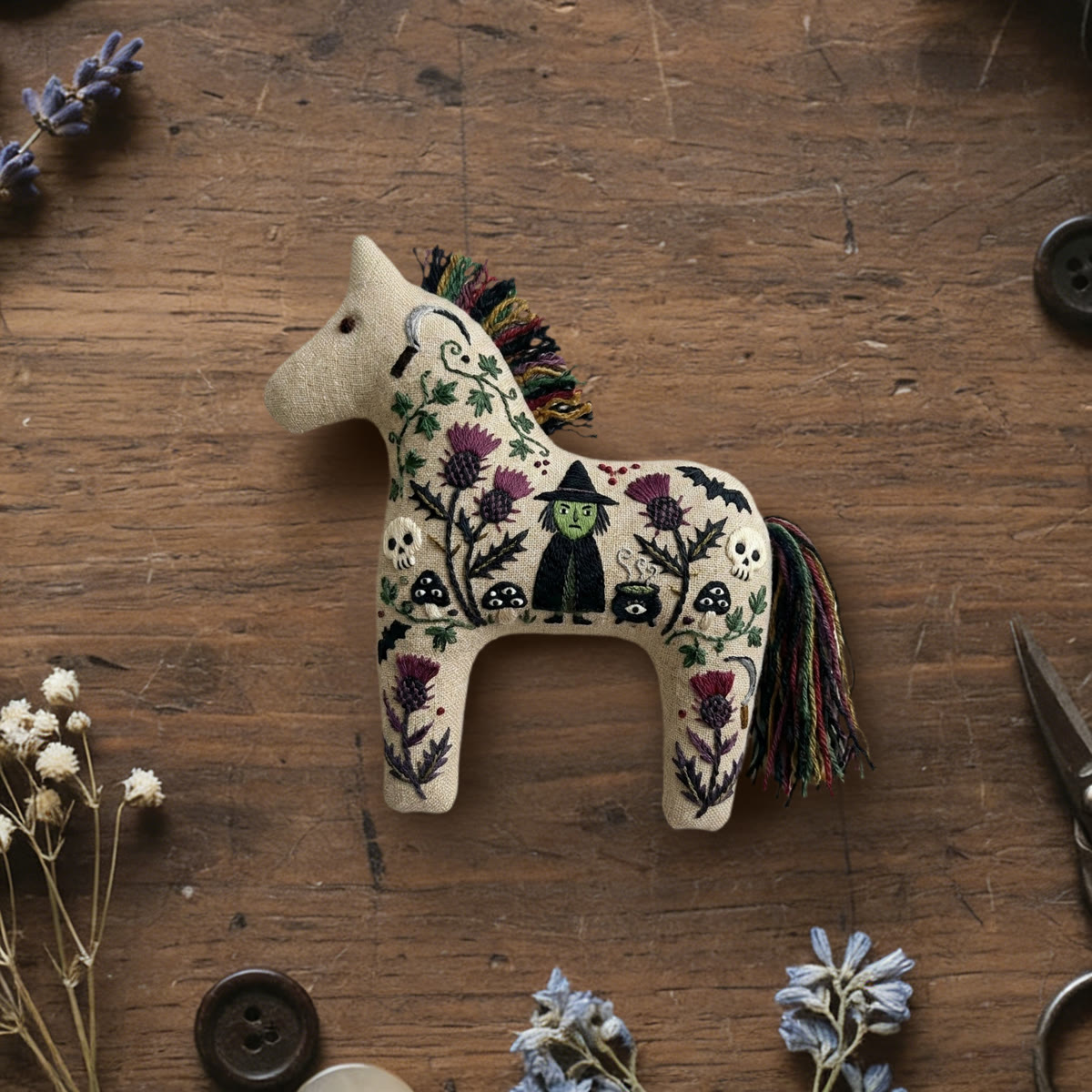 Rubbyoo Dala Horse Embroidery Kit - Green-faced Witch | Cottagegoth Gift For Friends | Gothic Keychain - 6 inches hoop kit - image 1