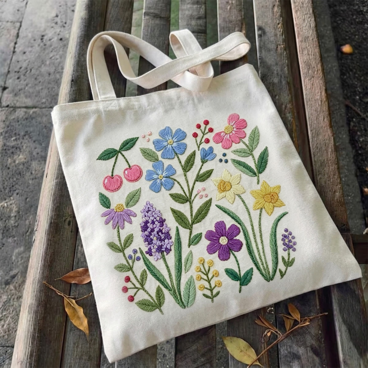 Rubbyoo Embroidery Tote Bag Kit - Floral Blossom | Unique Bridesmaids Gifts | Diy Shopping Bag - 10.6" × 13.0" - White - image 2