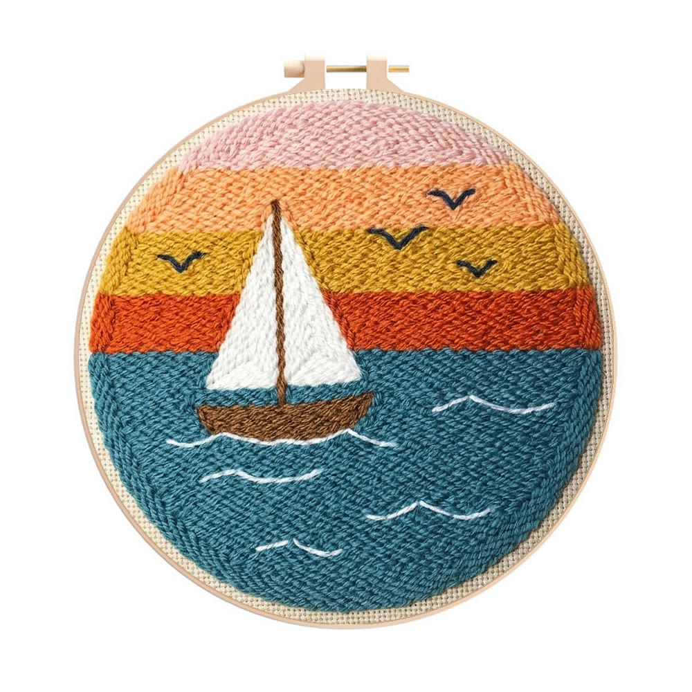 Sunset & Boat Punch Needle Kit - Beginner Friendly Craft Set | Ethereal Special Collection - 8 inch Hoop Kit - image 1