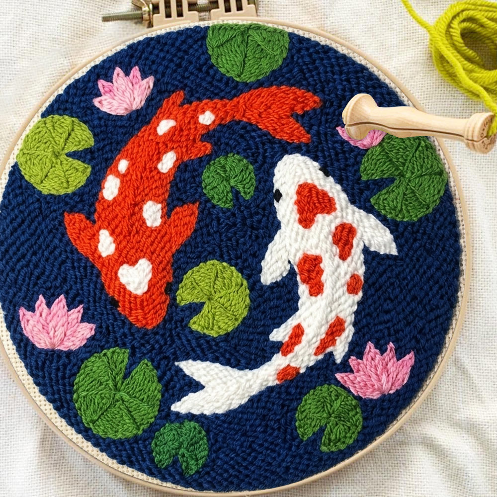 Double Koi Punch Needle Kit - Colorful Cartoon Pattern | Suitable DIY Needlework For Kids - image 2