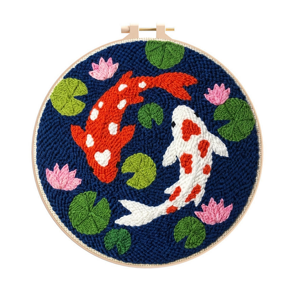 Double Koi Punch Needle Kit - Colorful Cartoon Pattern | Suitable DIY Needlework For Kids - 8 inch Hoop Kit - image 1