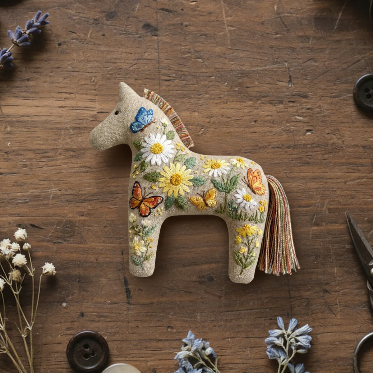 Rubbyoo Dala Horse Embroidery Kit - Butterfly And Wildflower | Handmade Birthday Gift | Cottagecore Bag Charm - 6 inches hoop kit - image 1