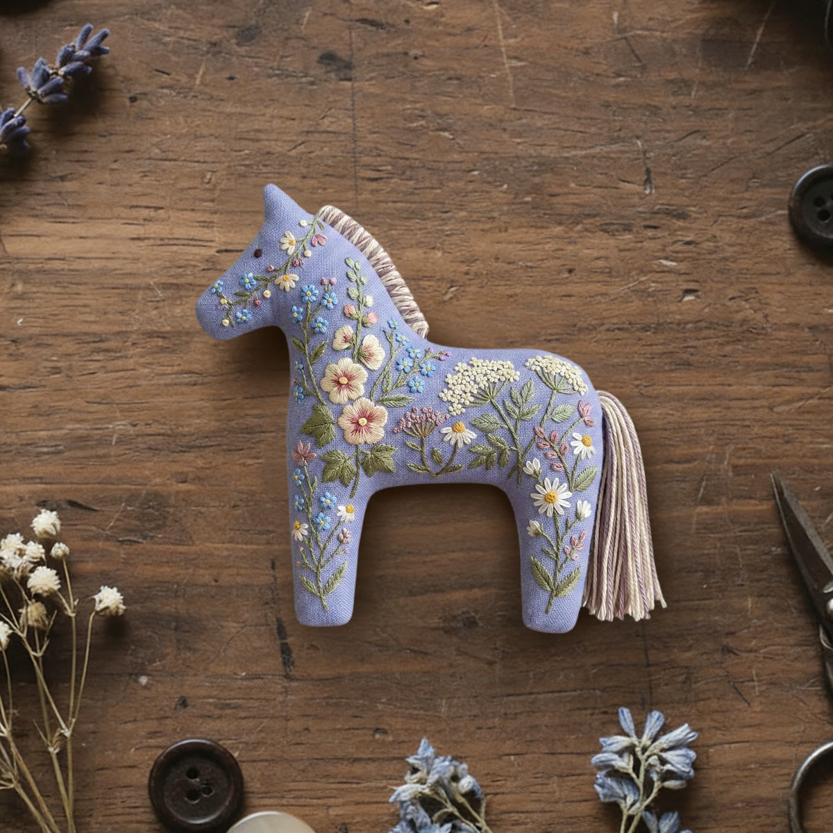 Rubbyoo Dala Horse Embroidery Kit - Daisy And Wildflower | Shabby Chic Gift For Her | Nursery Hanging Decor - 6 inches hoop kit - image 1