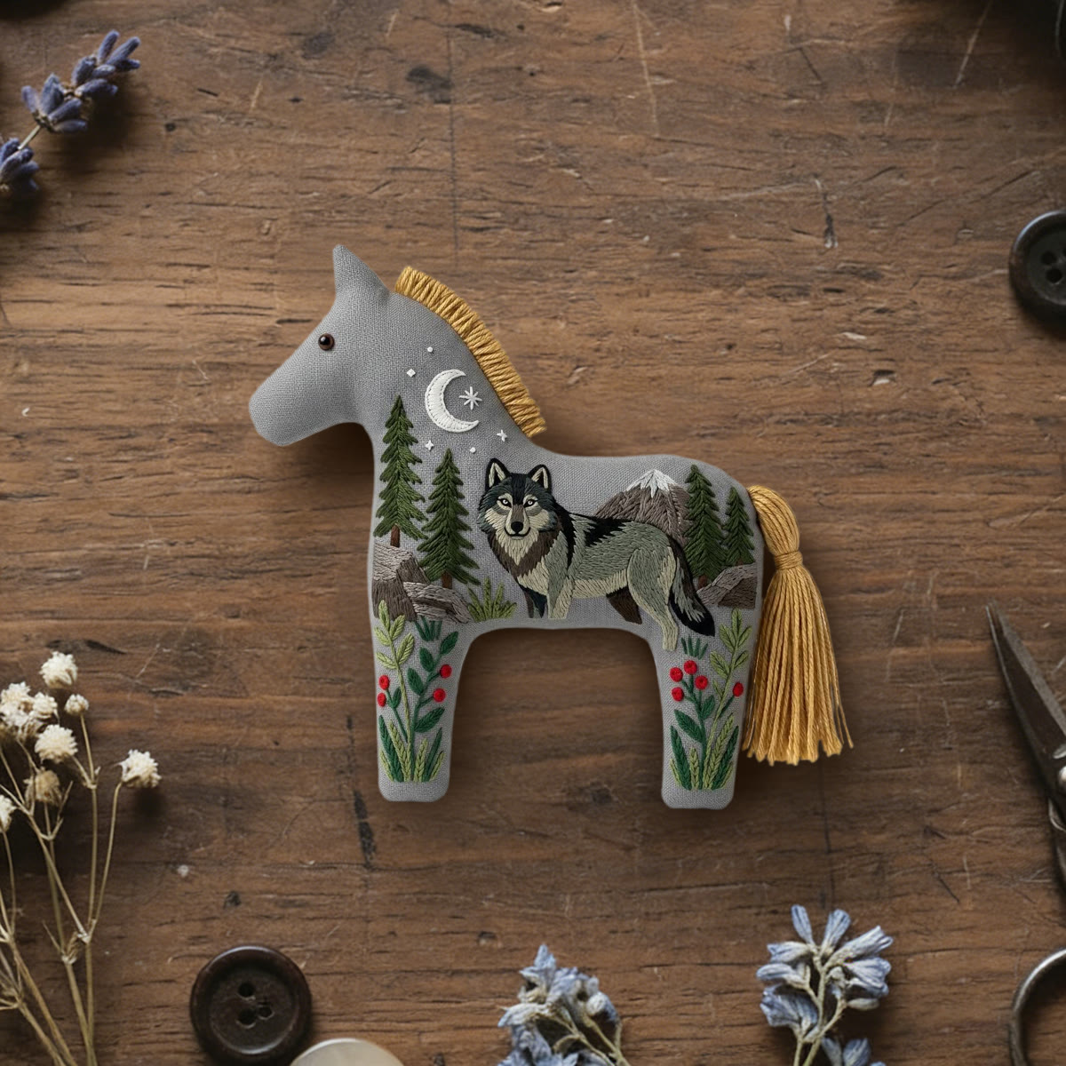 Rubbyoo Dala Horse Embroidery Kit - Grey Wolf And Mountain | Unique Handmade Gift | Car Rearview Mirror Hanging Accessory - 6 inches hoop kit - image 1