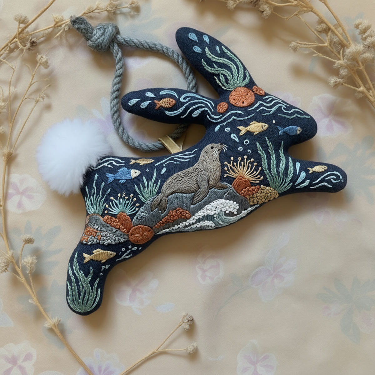 Rubbyoo Rabbit Embroidery Kit - Sea Lion & Fishes | Fluffy Pom-Pom & Rope Accent | Special Handmade Gift Kit - image 2