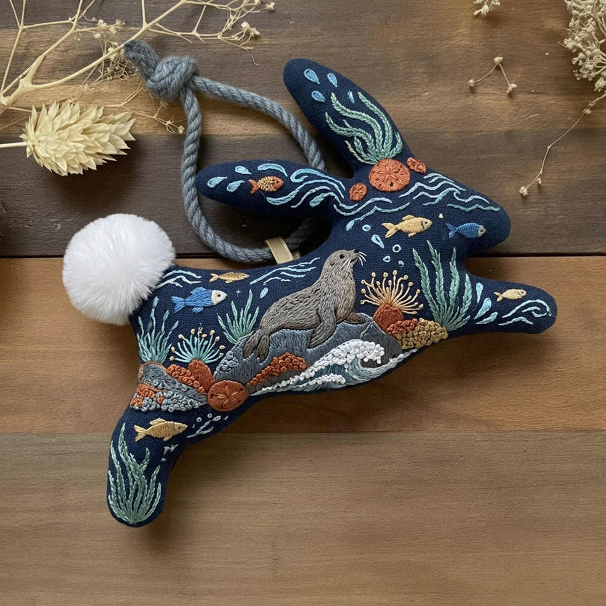 Rubbyoo Rabbit Embroidery Kit - Sea Lion & Fishes | Fluffy Pom-Pom & Rope Accent | Special Handmade Gift Kit - 6 inches hoop kit - image 1