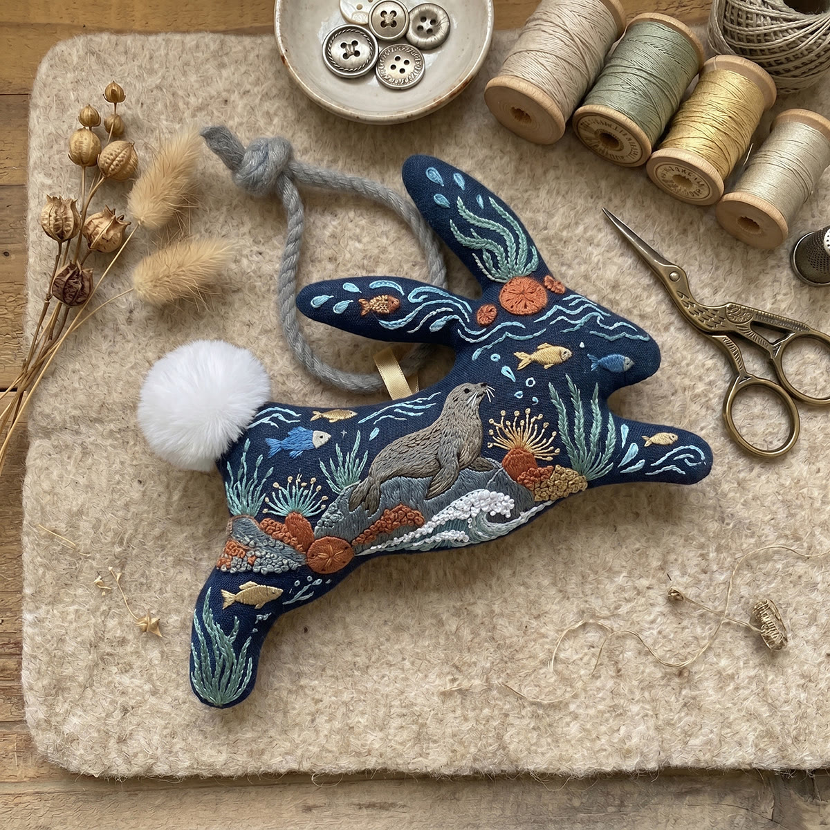 Rubbyoo Rabbit Embroidery Kit - Sea Lion & Fishes | Fluffy Pom-Pom & Rope Accent | Special Handmade Gift Kit - image 6