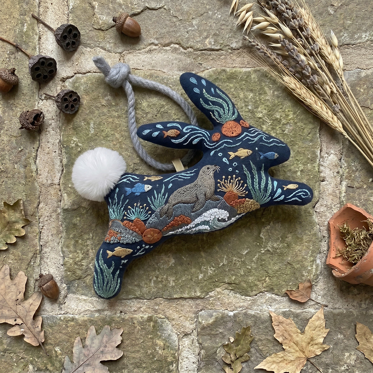 Rubbyoo Rabbit Embroidery Kit - Sea Lion & Fishes | Fluffy Pom-Pom & Rope Accent | Special Handmade Gift Kit - image 3