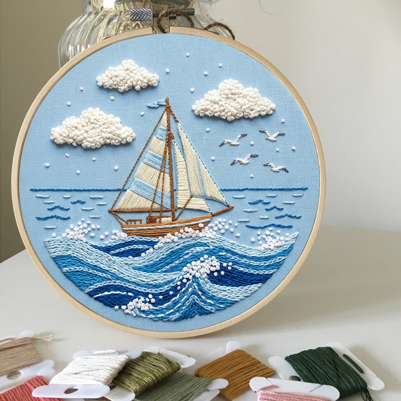 Rubbyoo Embroidery Kit - Sailboat On The Sea | Blue Toned Home Decor | Unique Nautical Gift For Her - image 2