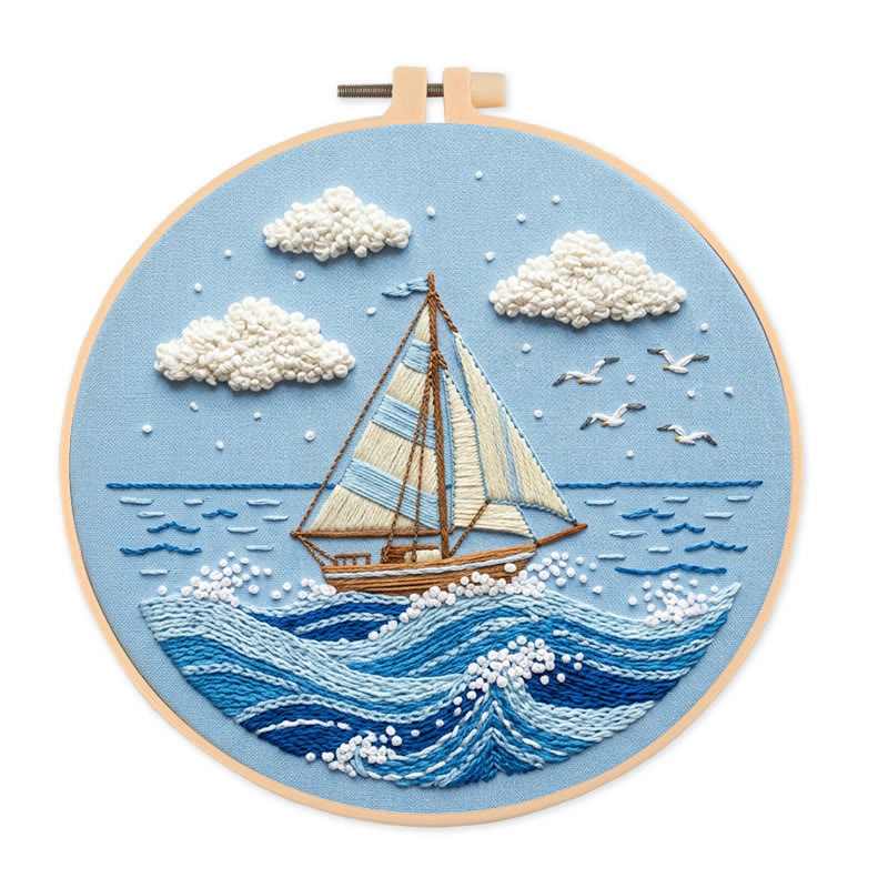 Rubbyoo Embroidery Kit - Sailboat On The Sea | Blue Toned Home Decor | Unique Nautical Gift For Her - 20*20cm - image 1