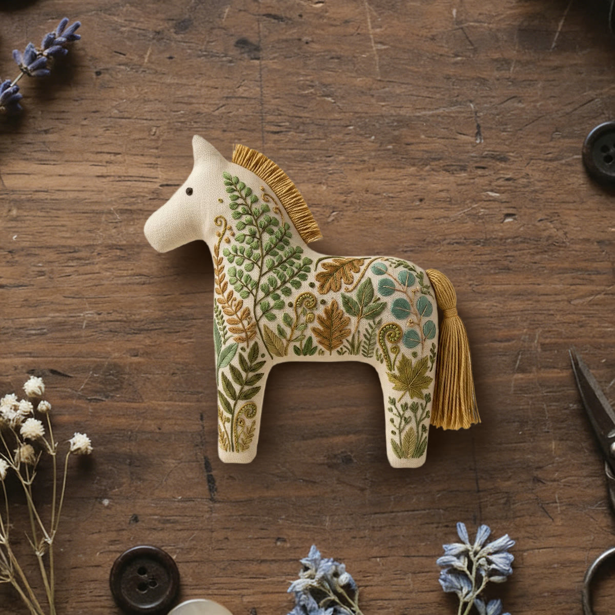 Rubbyoo Dala Horse Embroidery Kit - Botanical Fern Leaf | Cute Gift For Kids | Forest Aesthetic Bag Charm - 6 inches hoop kit - image 1
