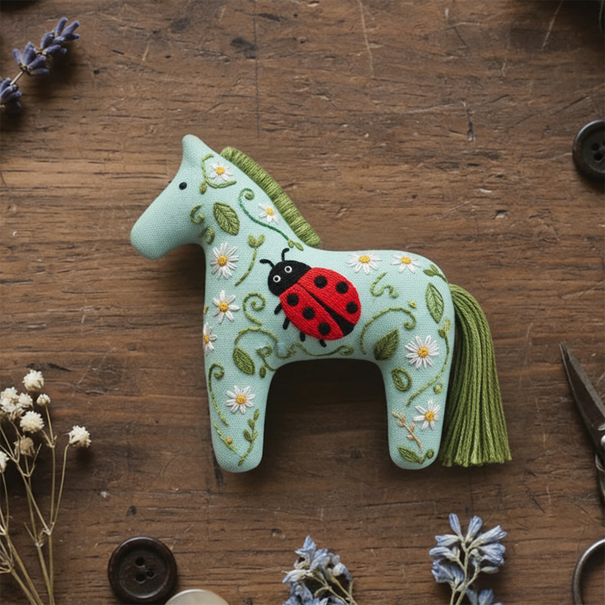 Rubbyoo Dala Horse Embroidery Kit - Ladybird Motif | Cute Gift For Kids | Whimsical Nursery Decor - 6 inches hoop kit - image 1