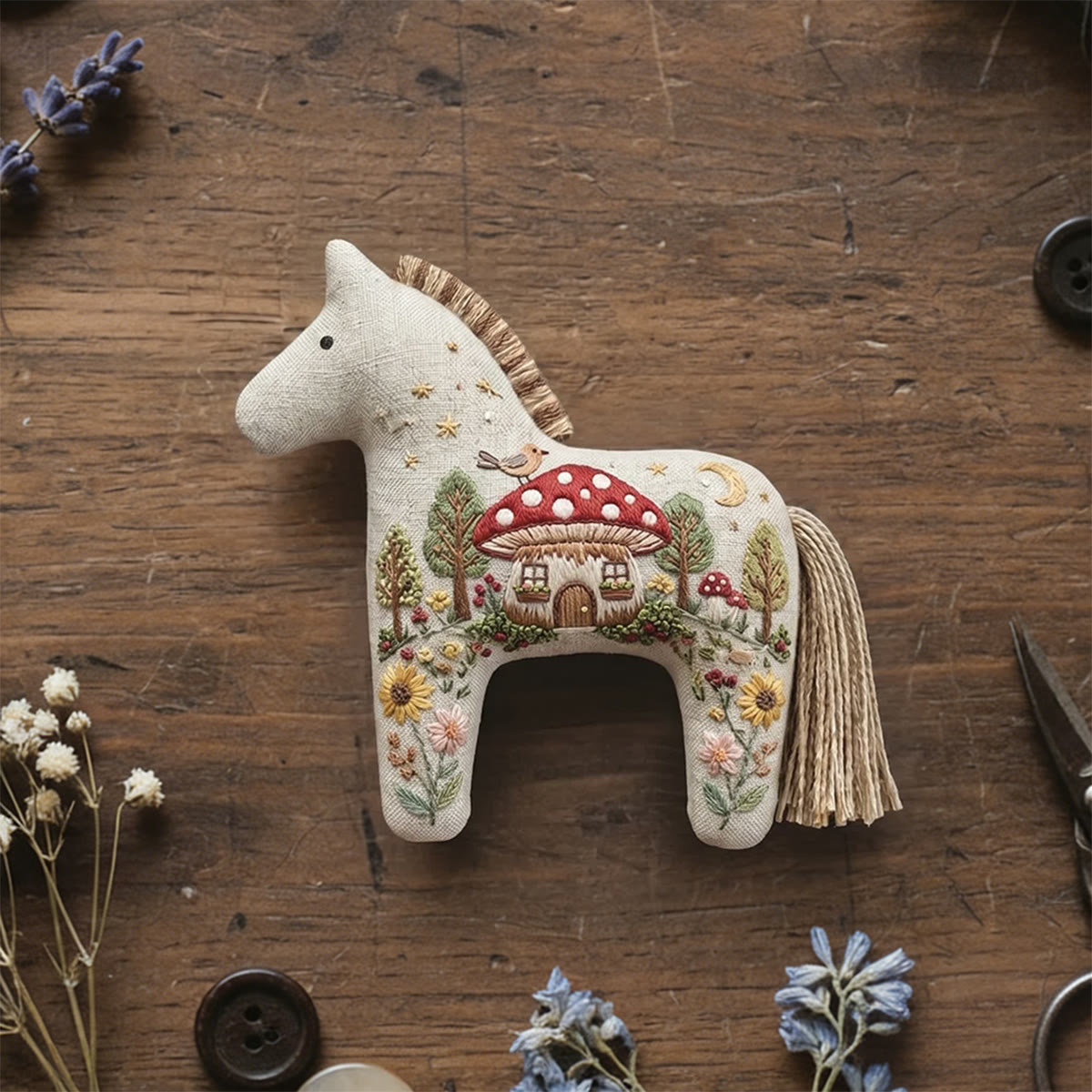 Rubbyoo Dala Horse Embroidery Kit - Mushroom House | Unique Gift For Her | Cute Bag Charm - 6 inches hoop kit - image 1