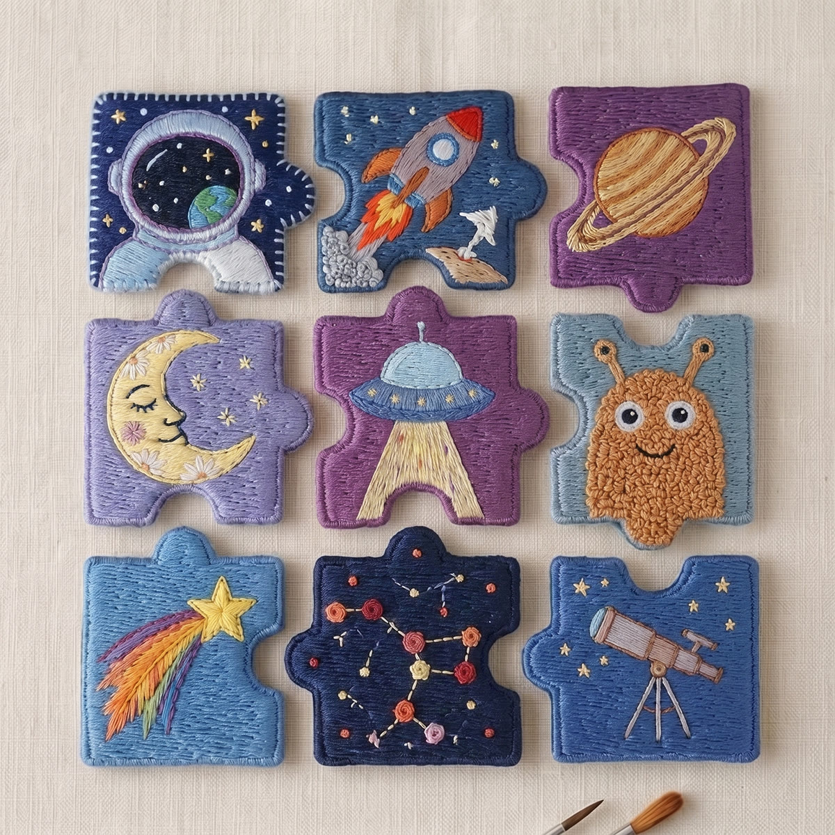 Rubbyoo Diy Magnet & Brooch Embroidery Puzzle Kit -  Space Exploration | Unique Handmade Gift - 9-pcs Puzzle Brooch Kit - image 1