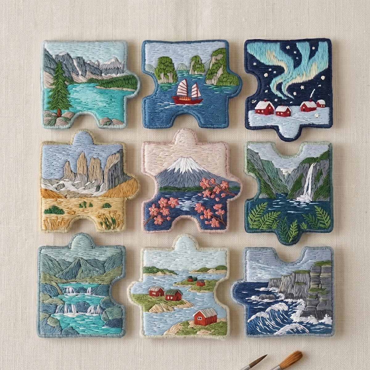 Rubbyoo Diy Magnet & Brooch Embroidery Puzzle Kit - Nature Wonders | Cute Scenic Home Decor - 9-pcs Puzzle Brooch Kit - image 1