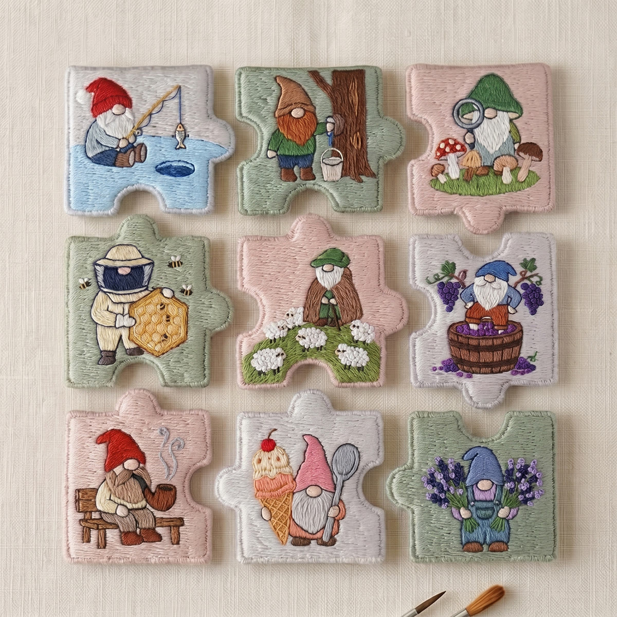 Rubbyoo Diy Magnet & Brooch Embroidery Puzzle Kit - Garden Gnome Theme | Cute Personalized Keepsake - 9-pcs Puzzle Brooch Kit - image 1
